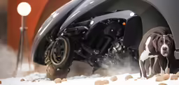 a dog walking through the snow with his bike on its back wheels