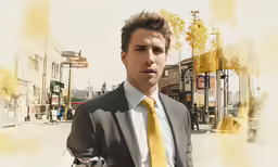 a man standing in front of a building wearing a suit and yellow tie