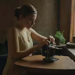 a woman using an old fashioned camera on a table
