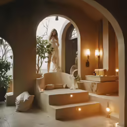 a woman is walking down steps in a bathroom