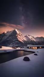 the night sky is lit by stars as it sits next to a body of water