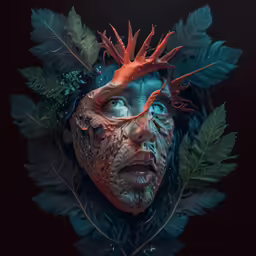 a face is shown with a large amount of leaves