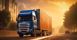 a truck drives down the road by the sunset,blue truck with white cab traveling down an empty road
