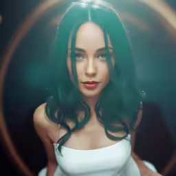 a woman with green hair and bangs with circles