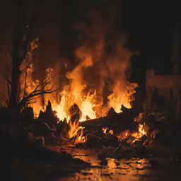 an outdoor bonfire burning next to some dead trees