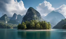 a small island surrounded by greenery and mountains