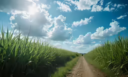 this is an image of dirt road between fields