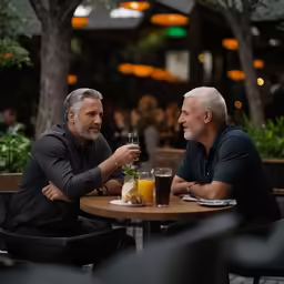 two men sitting at a table eating and drinking together