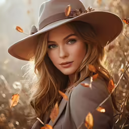 a woman wearing a tan coat, hat and blue eyes