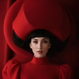 the woman is wearing a red dress and a hat