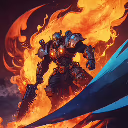 the man in armor is standing near a blazing fire,an image of an orange and yellow fireman