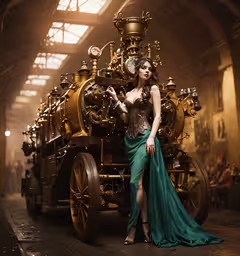 an art deco fashion show is displayed in a building,a woman posing next to a large piece of art