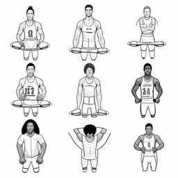 the six poses of a man with an award,a black and white drawing of six men doing exercises with their hands on their hips,an illustrated series of six illustrations showing different postures of athletic athletes,a person holding a tennis racket in different poses,a man that has many different poses in different poses
