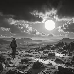 a person standing on a field by some rocks