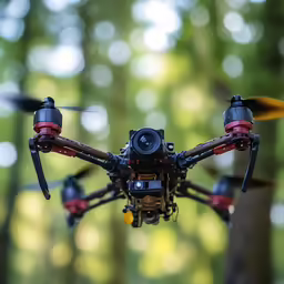 a red and black remote controlled quadlight flying over some trees