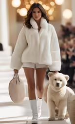 a model walking a dog on the runway