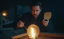 a man lighting a light bulb on his hand