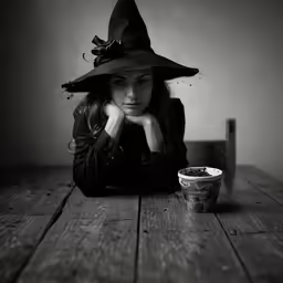a woman wearing a witch costume sitting at a wooden table