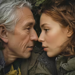 an older man and young woman face to face
