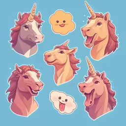 the four different cartoon unicorns are drawn