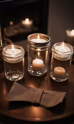 a candle surrounded by tea lights on a table