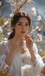 a woman in an elegant white dress poses for a portrait