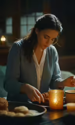 a woman is lighting candles on top of some food