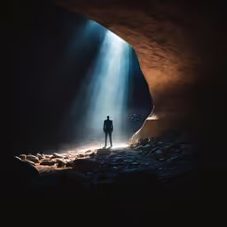 man standing in front of sunbeams at the end of a cave
