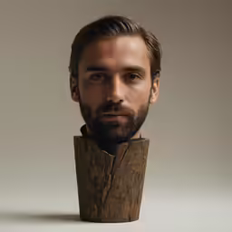 a man with long hair and a beard wearing a wooden vase
