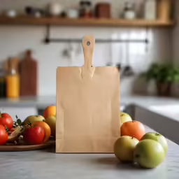 paper bag sitting on top of a table next to fruits