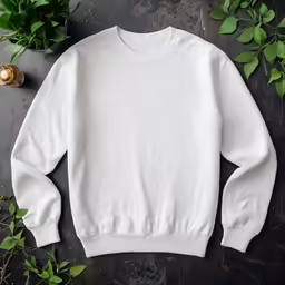 a white sweater on a table surrounded by leaves