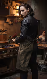 a woman standing near an oven in a kitchen