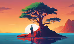 a man standing next to a tree near the ocean,a man standing on top of a rock near a tree