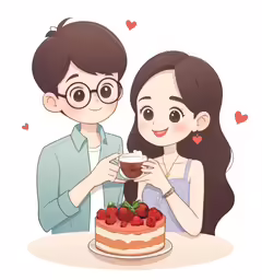 the couple is holding a piece of cake and drinking chocolate