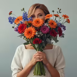 woman holding bouquet of wildflowers over shoulders in front of her face
