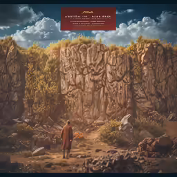 a man is walking along a path to a cave
