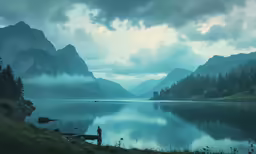 people are walking on the shore of a large body of water