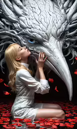a woman sitting on the floor next to a bird