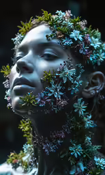 a woman has flowers growing on her head