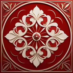 a red and white circular design with gold accents