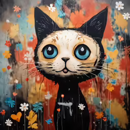 a painting of a cat with blue eyes