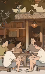 the people are sitting at the table having a conversation