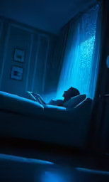 someone is laying on the couch in the dark