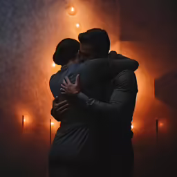a man and a woman embracing in front of lighting
