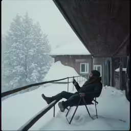 a woman sitting in a chair on a balcony covered with snow