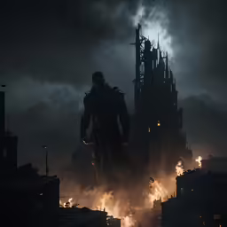a man stands atop a castle that is engulfed by fire