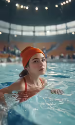 woman wearing a hat in an indoor swimming pool
