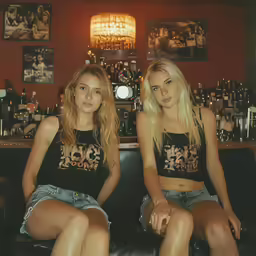 two blonde girls are sitting on a couch
