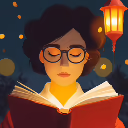 a woman in glasses reading a book and holding an orange lantern