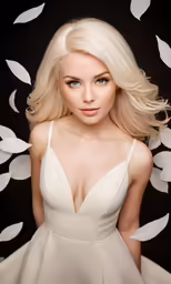 an artistic photo of a blonde woman in a dress with white petals falling down
